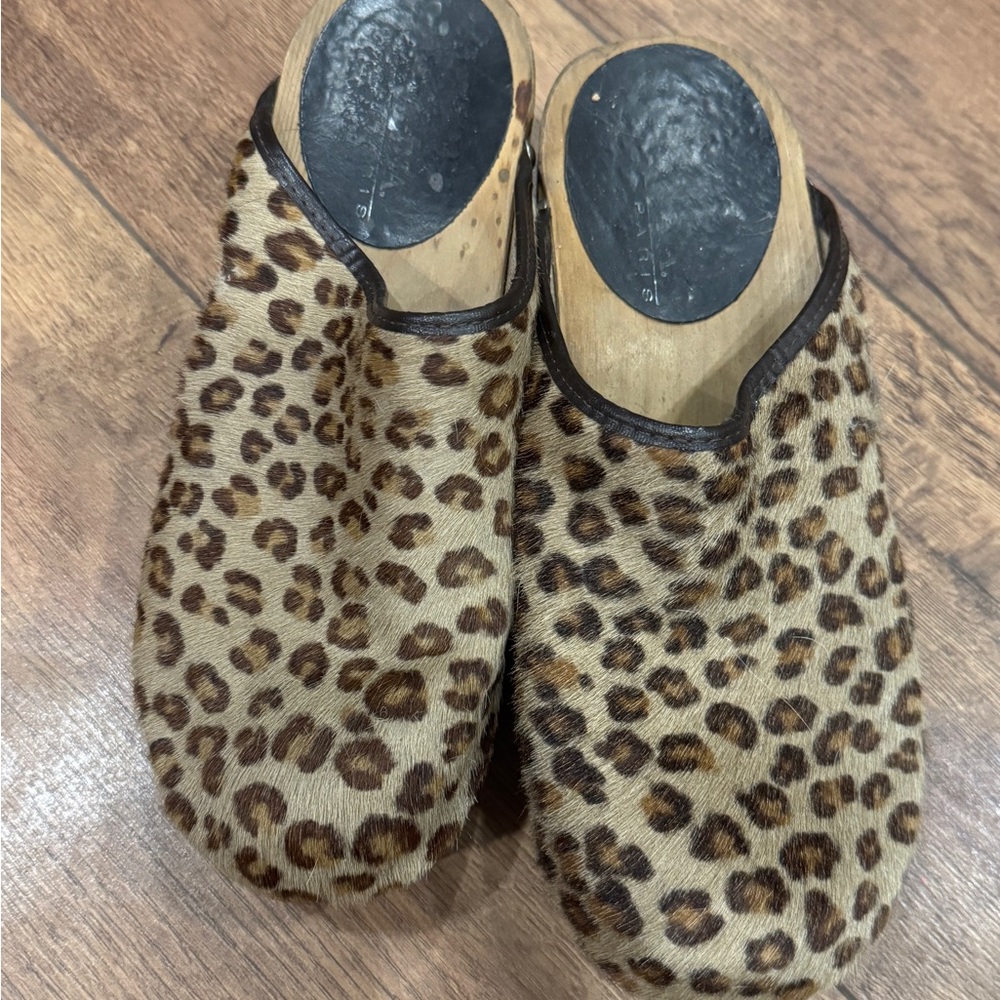 Leopard Print Pony Hair Leather Wooden Sole Clogs EU 39